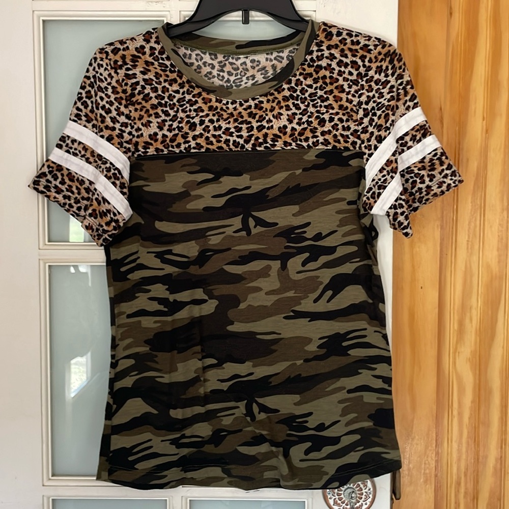 Leopard/camo top with white stripes